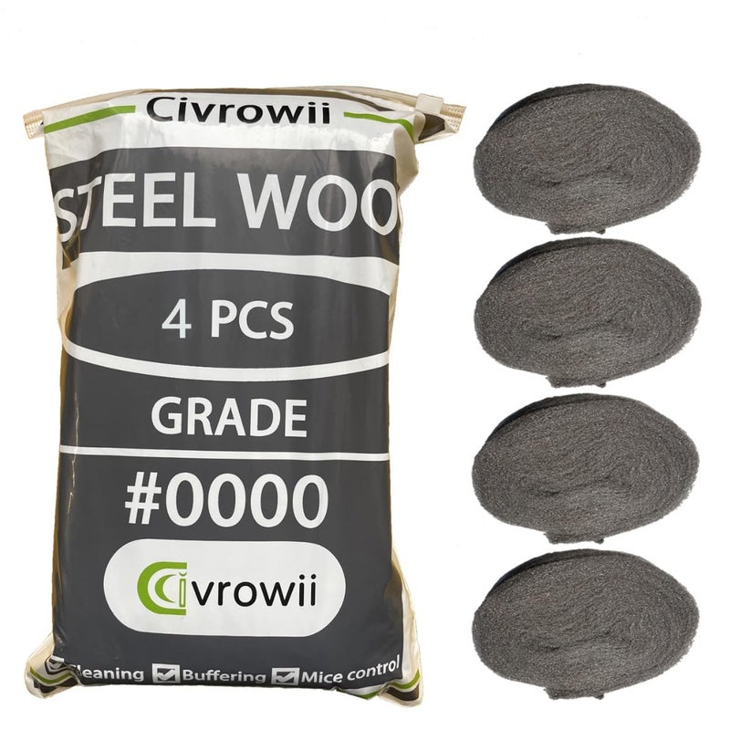 Civrowii (4 عبوات) حشو ثقوب من الصوف الفولاذي 0000، مانع الفجوات، حاجز، أيضًا للزجاج الناعم، وسادات الصوف الفولاذي لتلميع الكروم أو الخشب (4) - Image 1